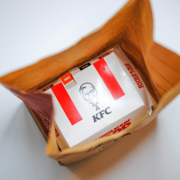 A brown paper bag with a KFC box inside it