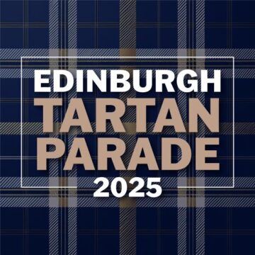 Waverley-Tartan-Parade Edinburgh Tartan Parade 2025 on a blue tartan background