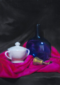 Art by Aanchal Baranwal showing a blue vase and a white bowl on a pink blanket