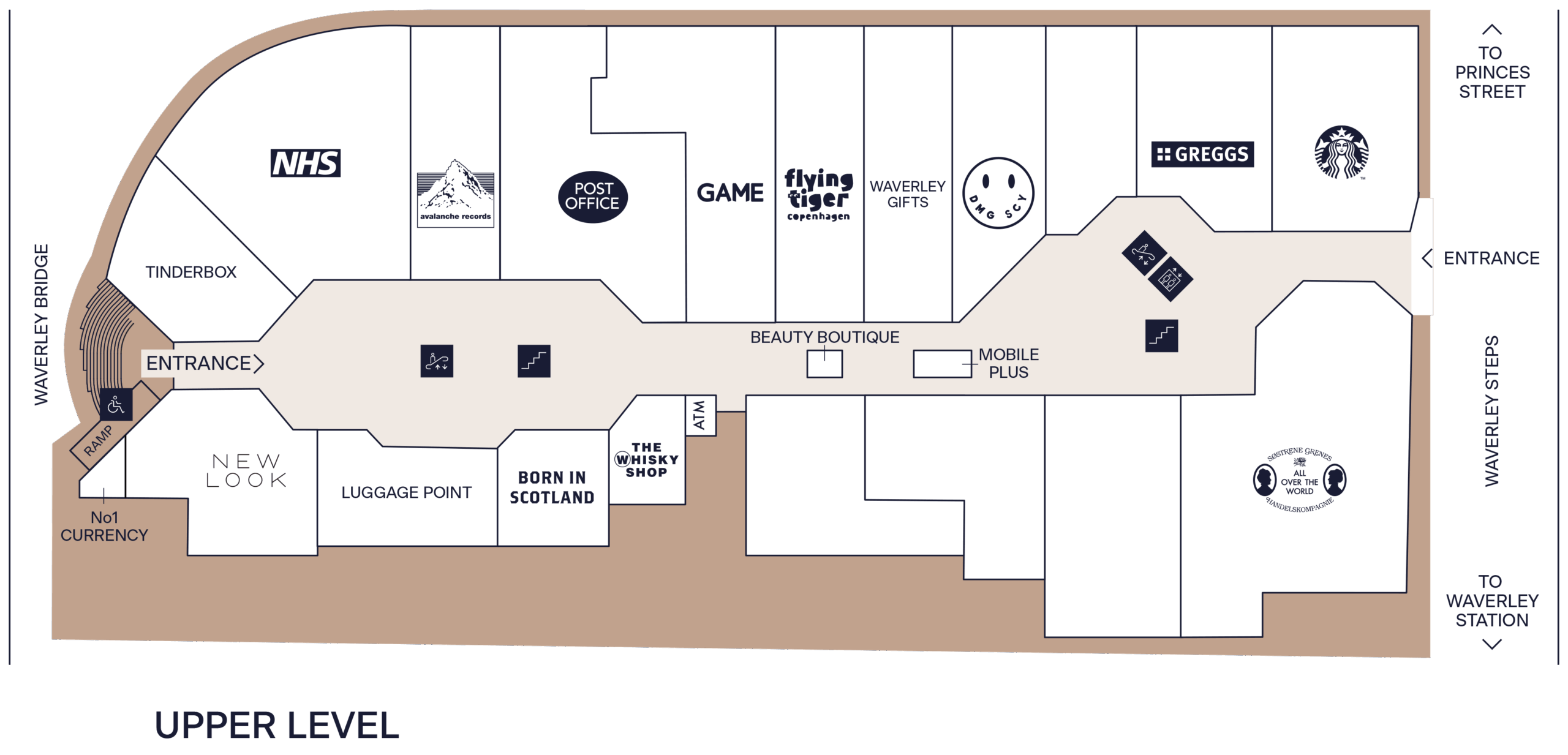 A map of Waverley Market's upper level stores