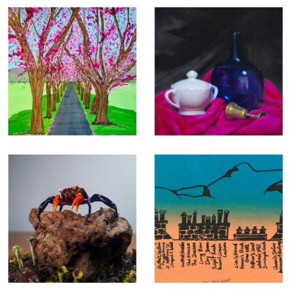 A collage of four images. Top left, a painting of cherry blossom trees over a path. Top right, a picture of a white bowl, a blue vase, and a gold bell on a pink blanket. Bottom left a taxidermized crab. Bottom right, a blue into orange vertical gradient with a blue line drawing over it